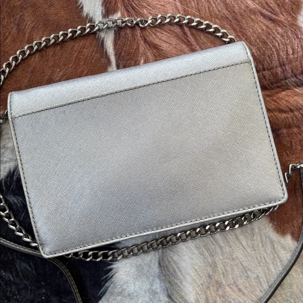 Michael Kors Genuine Leather Lana Wallet Clutch Bag Metallic Silver Crossbody
